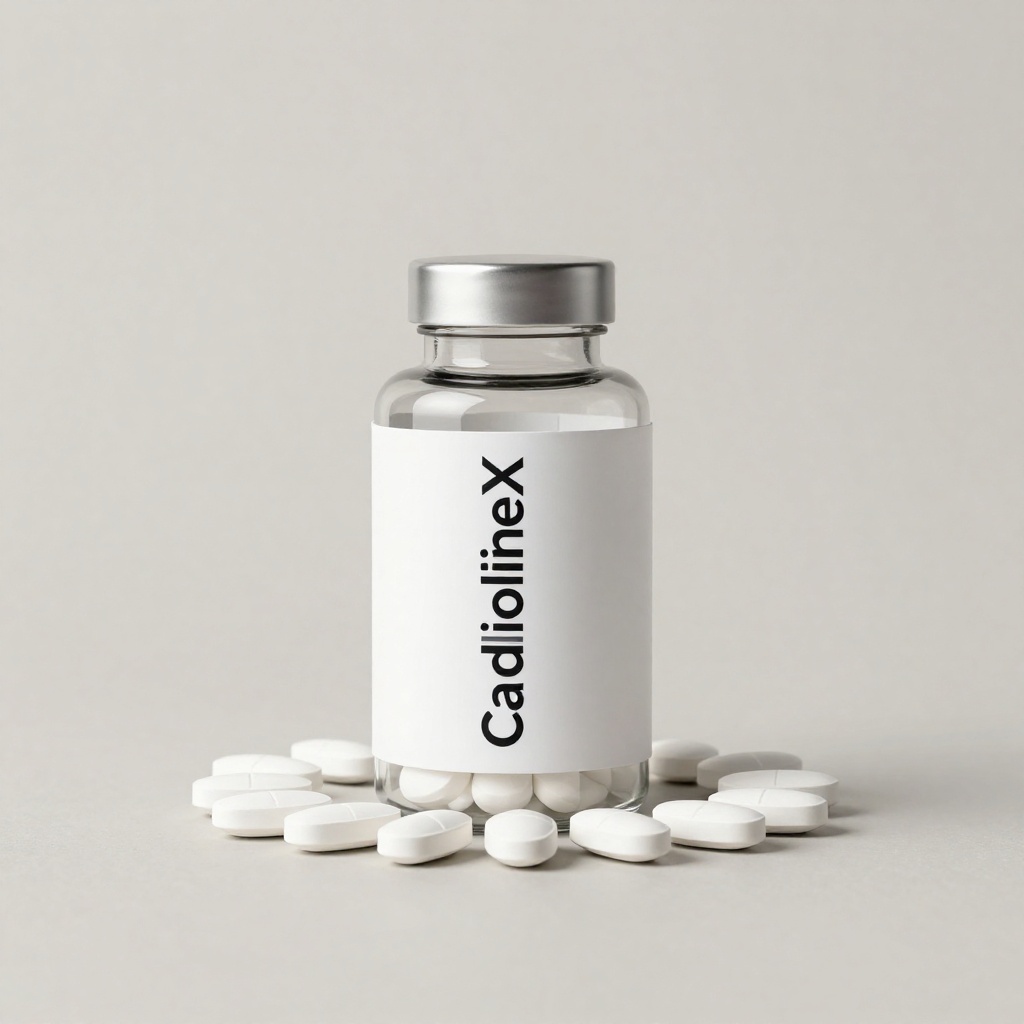 CardiolineX supliment natural pentru tensiunea arterială în cutie elegantă albă cu etichetă roșie, conținând 90 de capsule pentru susținerea sănătății cardiovasculare și menținerea tensiunii arteriale stabile pe fundal neutru roz